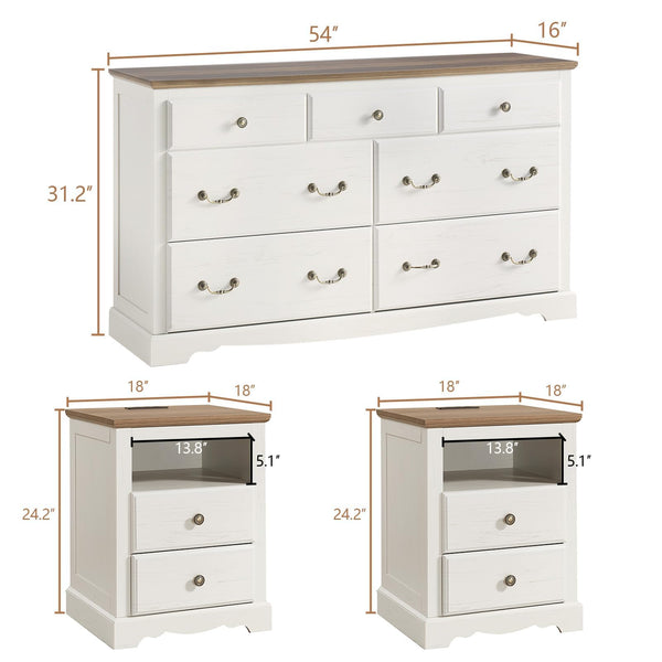 Farmhouse 3-Piece Bedroom Set – 7-Drawer Dresser & 2 Nightstands with Charging Station