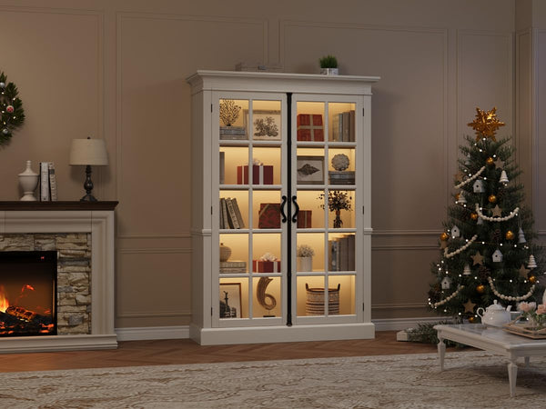 65" Glass Door Display Cabinet – 5-Tier Bookcase with Adjustable Shelves
