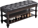 Solid Wood Shoe Storage Bench with Lift-Top Leather Seat, 2-Tier Entryway Organizer