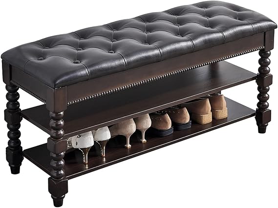 Solid Wood Shoe Storage Bench with Lift-Top Leather Seat, 2-Tier Entryway Organizer