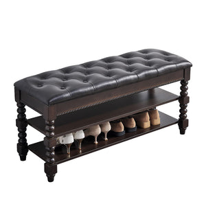 Solid Wood Shoe Storage Bench with Lift-Top Leather Seat, 2-Tier Entryway Organizer