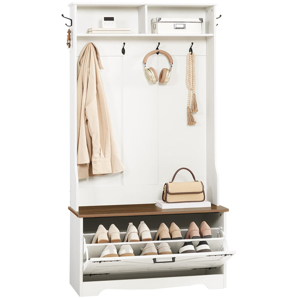 Farmhouse Hall Tree with Bench, Coat Rack & Shoe Cabinet – 31.5"L x 13.8"W x 65.7"H