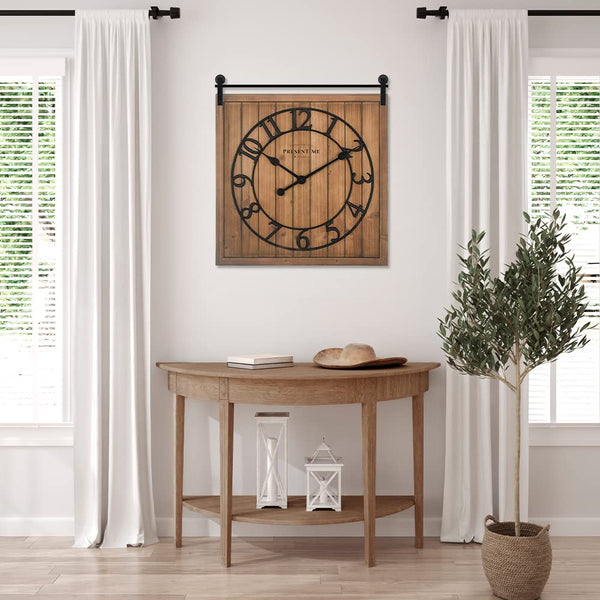 Farmhouse Barn Door Wall Clock – Shiplap Style, Silent, 3D Arabic Numerals, 23"H x 21"W
