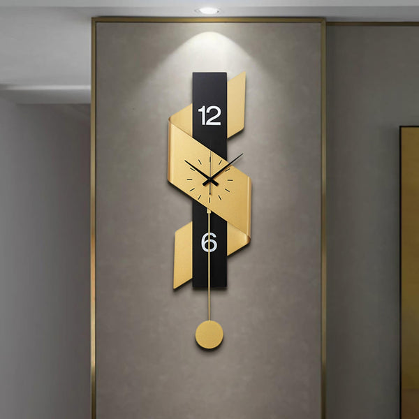 Large Modern Pendulum Wall Clock – Black & Gold Metal Analog