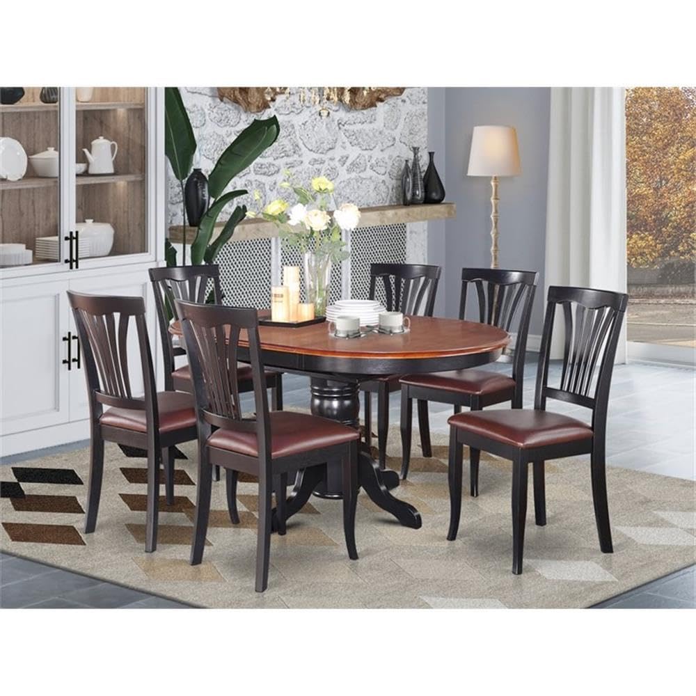 7-Piece Oval Dining Table Set with Butterfly Leaf & 6 Faux Leather Chairs