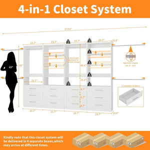 Walk-In Closet System with 12 Drawers, 10 Shelves & 6 Hanging Rods