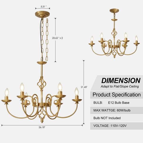 6-Light Gold Candle Chandelier – Rustic Farmhouse Pendant Light