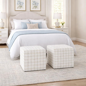 19" Square Upholstered Cube Ottoman – Wood Frame, Plaid Fabric