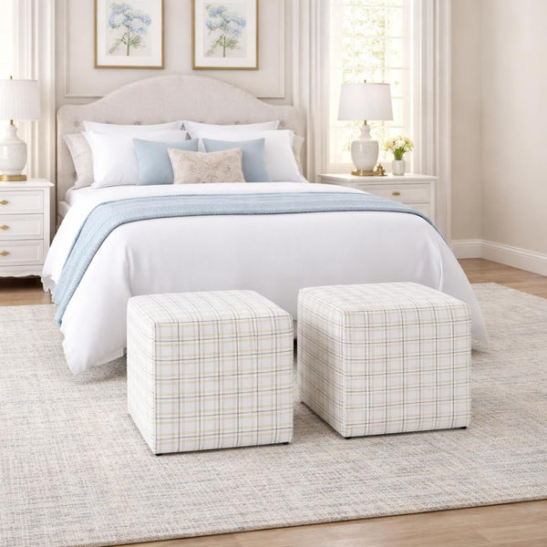 19" Square Upholstered Cube Ottoman – Wood Frame, Plaid Fabric