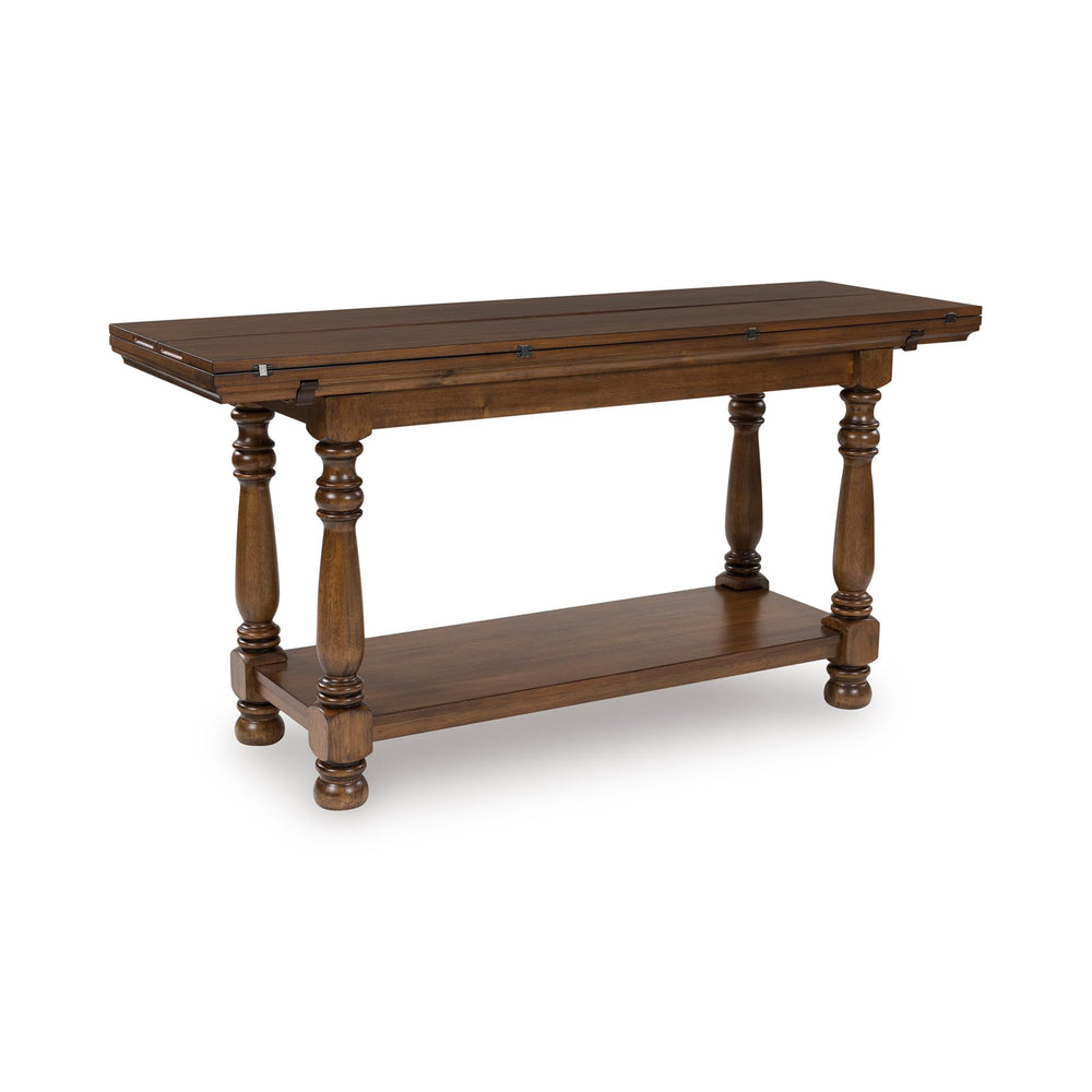 Dark Brown Flip Top Sofa Table with Shelf & Turned Legs