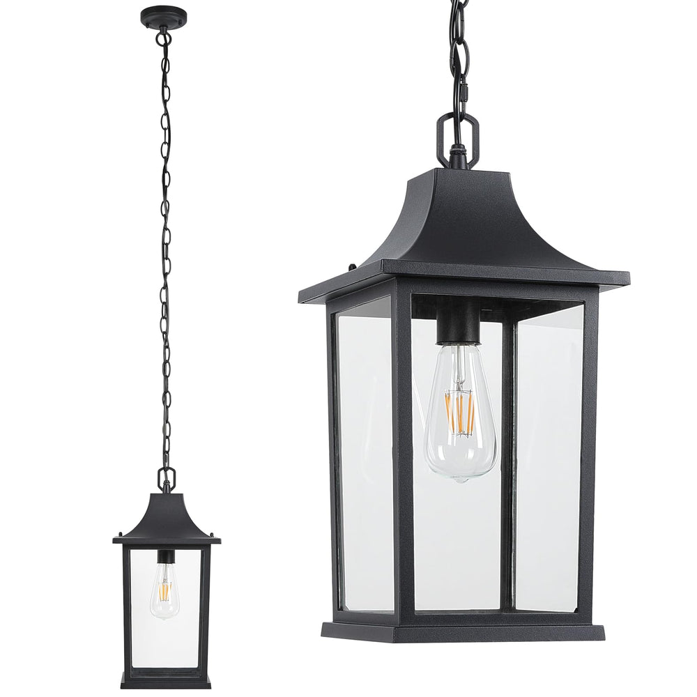 Large Outdoor Pendant Light – Black Aluminum Hanging Lantern with Adjustable Chain