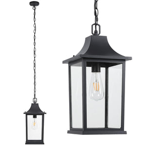 Large Outdoor Pendant Light – Black Aluminum Hanging Lantern with Adjustable Chain