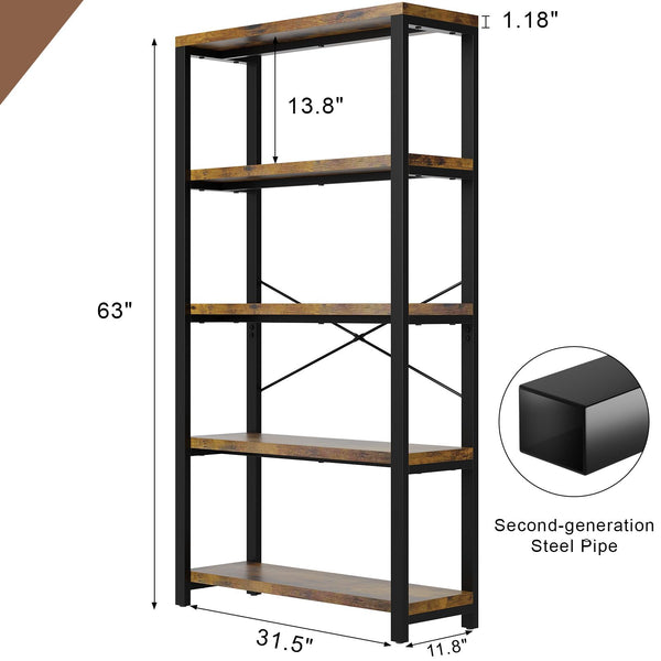 5-Tier Industrial Bookshelf with Metal Frame – Rustic Brown