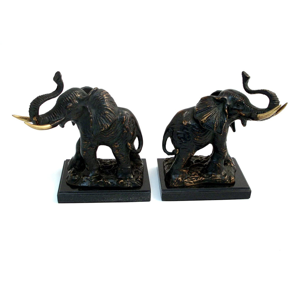 Cast Metal Elephant Bookends with Bronzed Finish on Black Marble Base