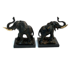 Cast Metal Elephant Bookends with Bronzed Finish on Black Marble Base