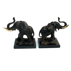 Cast Metal Elephant Bookends with Bronzed Finish on Black Marble Base