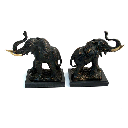 Cast Metal Elephant Bookends with Bronzed Finish on Black Marble Base