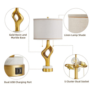 Gold Sculptural Table Lamp Set of 2 with USB Ports & Marble Base