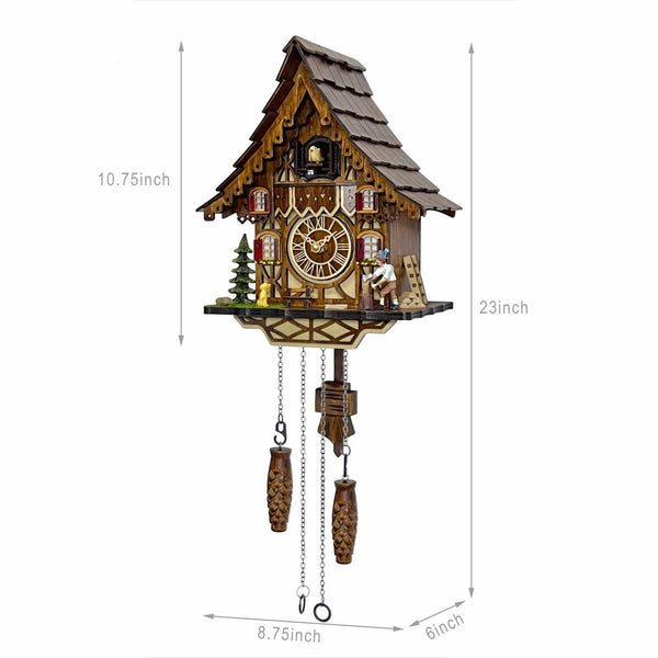 Cuckoo Clock for Wall – 12 Melodies, Night Mode, Handcrafted Wooden House