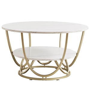 Round Coffee Table with Storage, 30" Marble White Top & Gold Frame