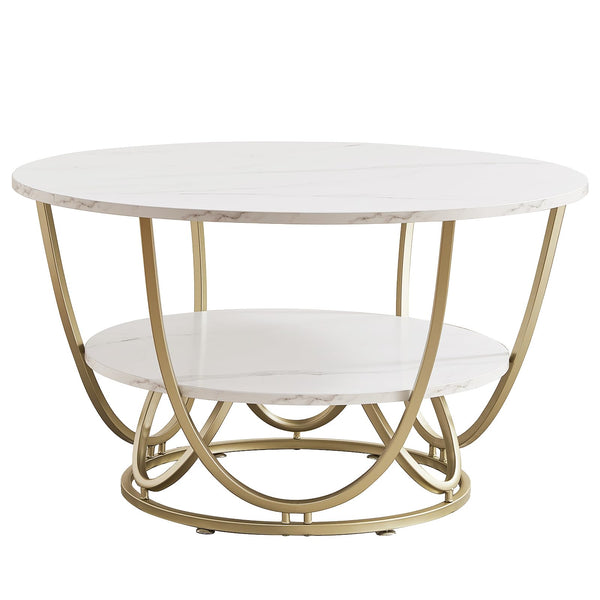 Round Coffee Table with Storage, 30" Marble White Top & Gold Frame