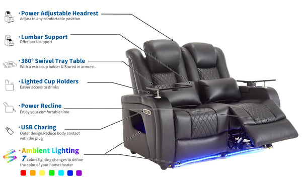 Power Recliner Home Theater Seat with LED Lighting & USB Charge