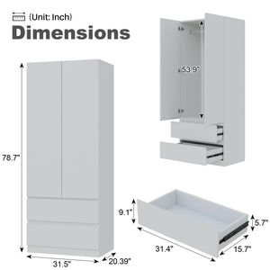White Armoire Wardrobe with Drawers & Hanging Rod