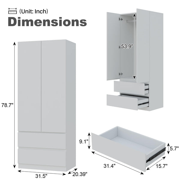 White Armoire Wardrobe with Drawers & Hanging Rod