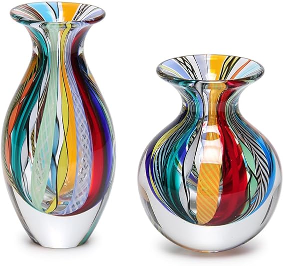 Hand Blown Glass Vases Set of 2 — Boho Murano Style Art Glass