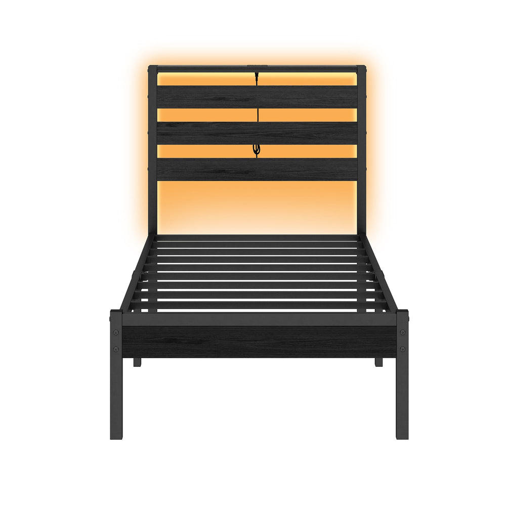 Metal Platform Bed Frame with LED Lights, USB Charging & Storage Headboard