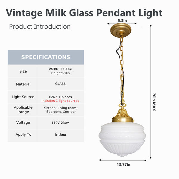 Vintage Milk Glass Pendant Light with Antique Brass Finish – 13.8" Shade, E26