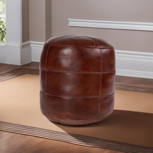 Round Buffalo Leather Pouf – Handmade, Stuffed, Stain Resistant