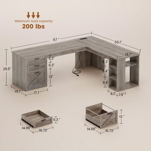 L-Shaped Desk with Drawers, Storage Shelves & Power Outlets
