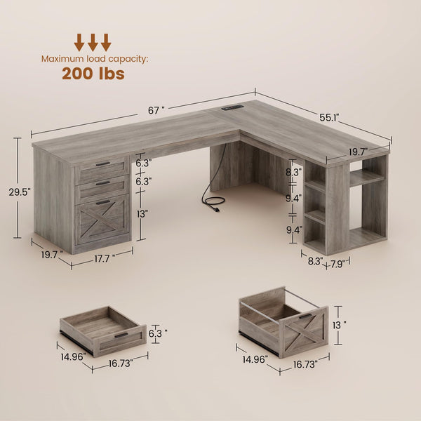 L-Shaped Desk with Drawers, Storage Shelves & Power Outlets