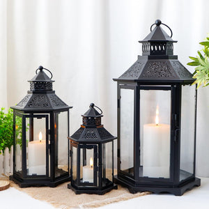 Set of 3 Hexagonal Vintage Metal Candle Lanterns with Tempered Glass