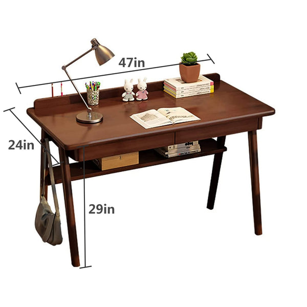 Solid Wood Writing Desk, 47" Mid-Century Modern with 2 Drawers & Storage Shelf