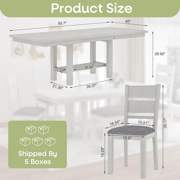 7-Piece Extendable Solid Wood Dining Table Set for 6 – Grey
