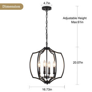 4-Light Black Farmhouse Lantern Chandelier with Geometric Cage