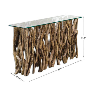 Reclaimed Teak Wood Console Table with Clear Glass Top