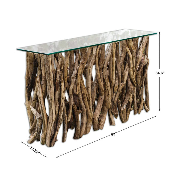 Reclaimed Teak Wood Console Table with Clear Glass Top