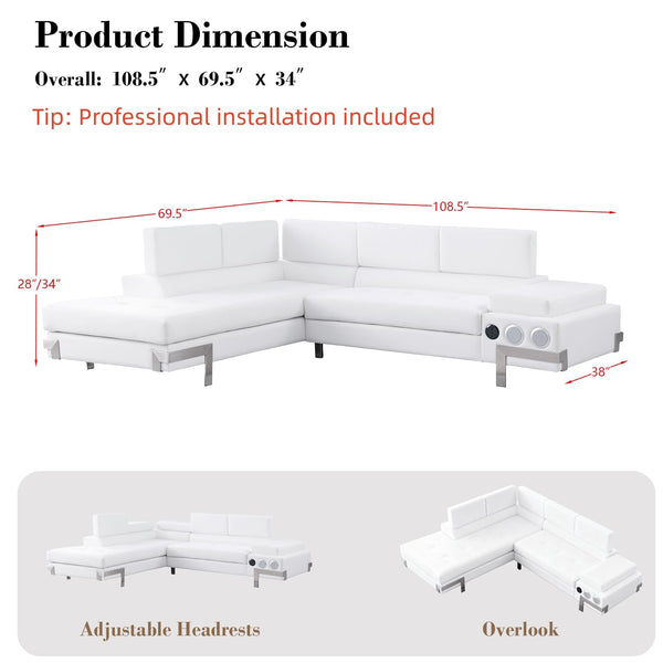 L-Shaped Sectional Sofa with LED Lighting, Bluetooth & USB Ports