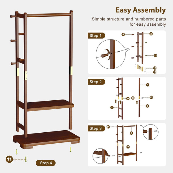 Solid Wood Coat Rack with 2 Shelves & 4 Hooks