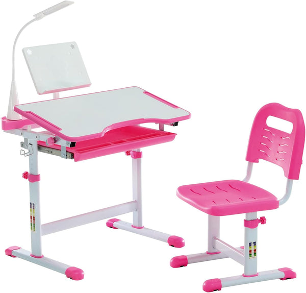 Kids Ergonomic Desk & Chair Set – Tilt Desktop, LED Light, Book Stand & Storage Drawer