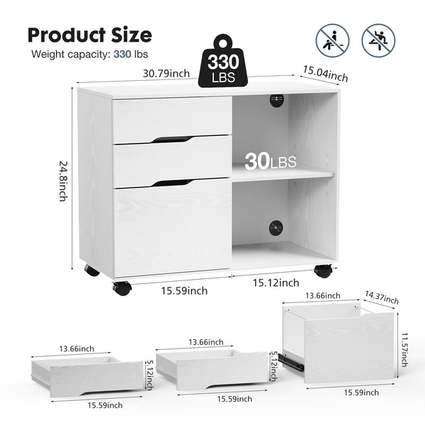 3-Drawer Lateral Filing Cabinet with Printer Stand & Wheels