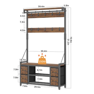 5-in-1 Hall Tree with Bench, Drawers, Shoe Rack & Hooks – 39"W