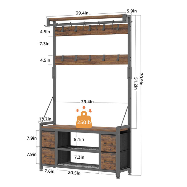 5-in-1 Hall Tree with Bench, Drawers, Shoe Rack & Hooks – 39"W