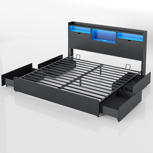 King Bed Frame with Storage Drawers, LED Lights & Charging Station