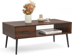 Mid Century Modern Coffee Table with Drawer & Open Storage Shelf