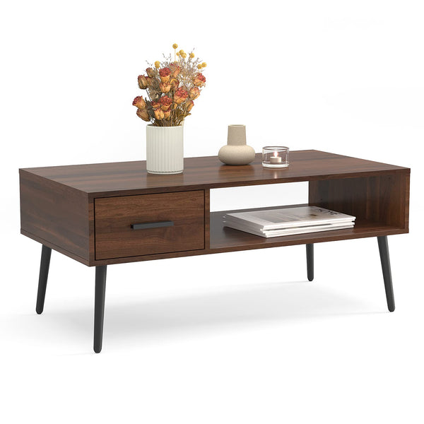 Mid Century Modern Coffee Table with Drawer & Open Storage Shelf