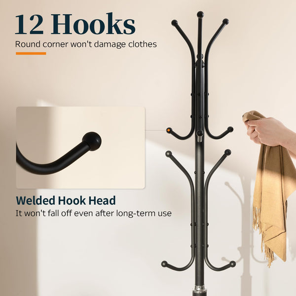 Freestanding Coat Rack with Marble Base & 12 Hooks
